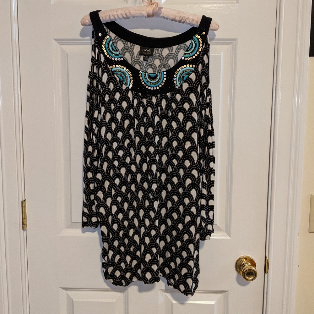 Nicole Miller Women's Black & White Cold Shoulder Top Size XL